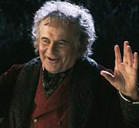A photograph of the character Bilbo Baggins as an older Hobbit form the Lord of the Rings series.