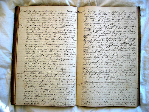 A photograph of an open diary with many lines of handwritten text on the pages.