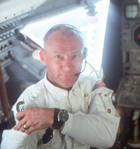 A photograph f astronaut Buzz Aldrin during his flight to the moon on Apollo 11