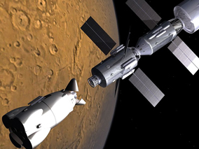 An artist's rendering of two spacecraft docking while in Martian orbit