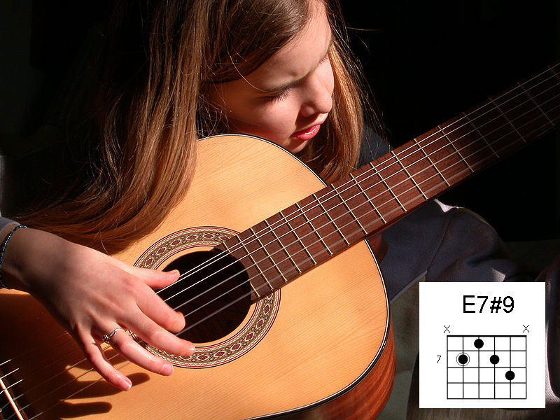 A photograph of a young girl playing an acoustic guitar