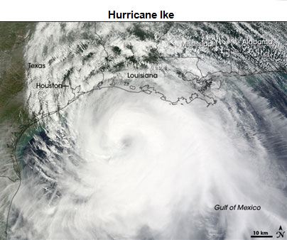 Image of Hurricane Ike as it approaches Texas from the Gulf of Mexico
