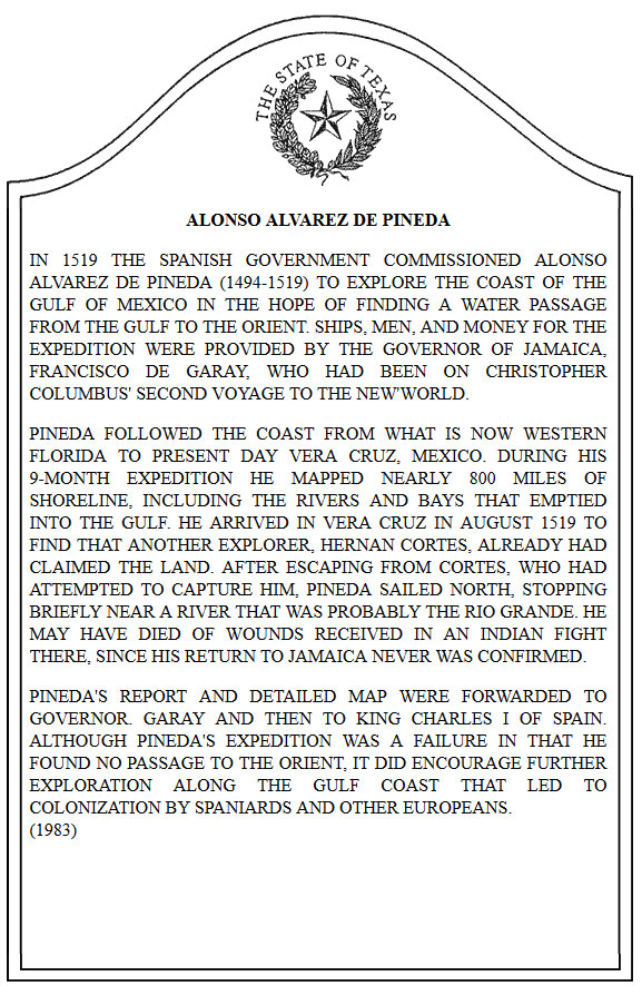 Image of a Texas historical marker for Alonso Alvarez de Pineda