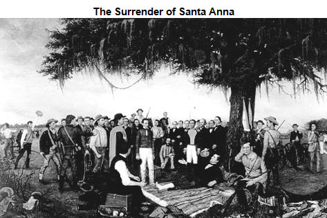 Painting of Santa Anna surrendering to Sam Houston, laying on a blanket under a tree