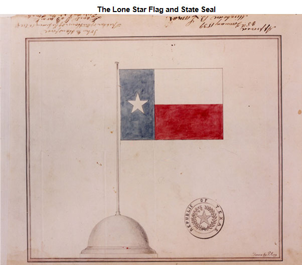Image of a sketch of the Lone Star Flag and the seal of the Republic of Texas