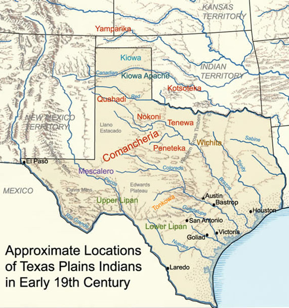 Map of Texas that illustrates areas in which Texas Plains Indians lived in the 19th century