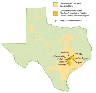 Image of a map of Texas that displays original and current Czech settlements in Texas