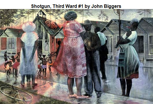 Painting depicting people watching a fire burning in the roof of a shotgun house