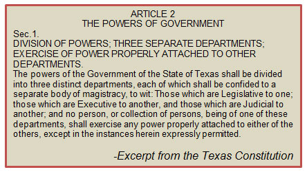 DIVISION OF POWERS; THREE SEPARATE DEPARTMENTS; 
EXERCISE OF POWER PROPERLY ATTACHED TO OTHER DEPARTMENTS. 
The powers of the Government of the State of Texas shall be divided into three distinct departments, each of which shall be confided to a separate body of magistracy, to wit: Those which are Legislative to one; those which are Executive to another, and those which are Judicial to another; and no person, or collection of persons, being of one of these departments, shall exercise any power properly attached to either of the others, except in the instances herein expressly permitted.
