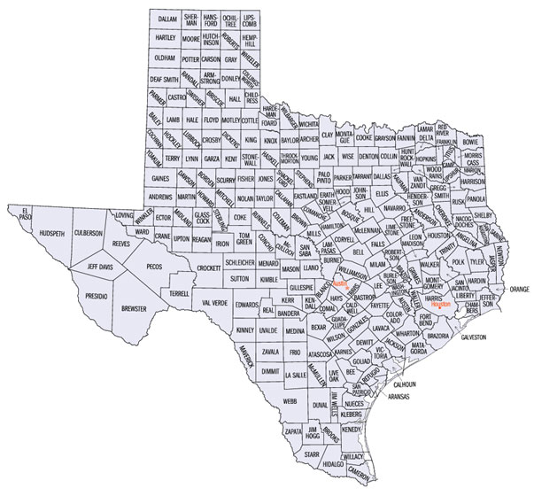 Image of a map of Texas labeled with all of the state’s counties