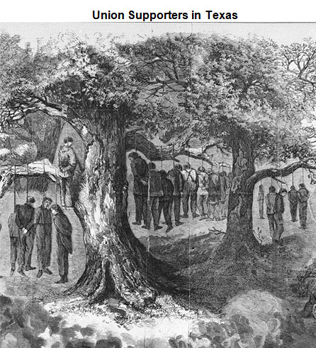Image of several men hanging from two very large trees