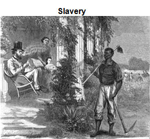 Drawing of a slave carrying farming tools and a slave owner sitting upon a porch