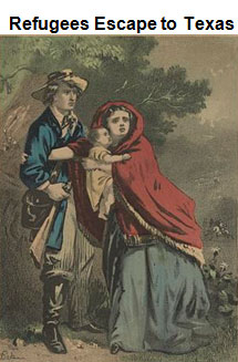 Painting of a man carrying a gun and a woman carrying an infant in the woods