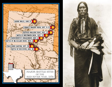 Image of a map of the Texas Panhandle that indicates the location of major battle sites of the Red River War and image of Quanah Parker standing