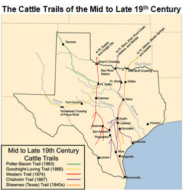 Map of Cattle Trails in Texas during the mid to late 19th century