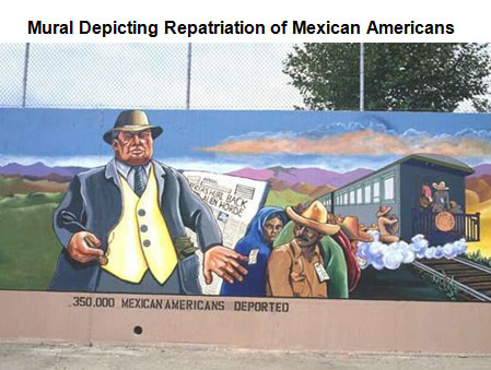 Image of a mural depicting Mexican repatriation, with Mexicans boarding a train