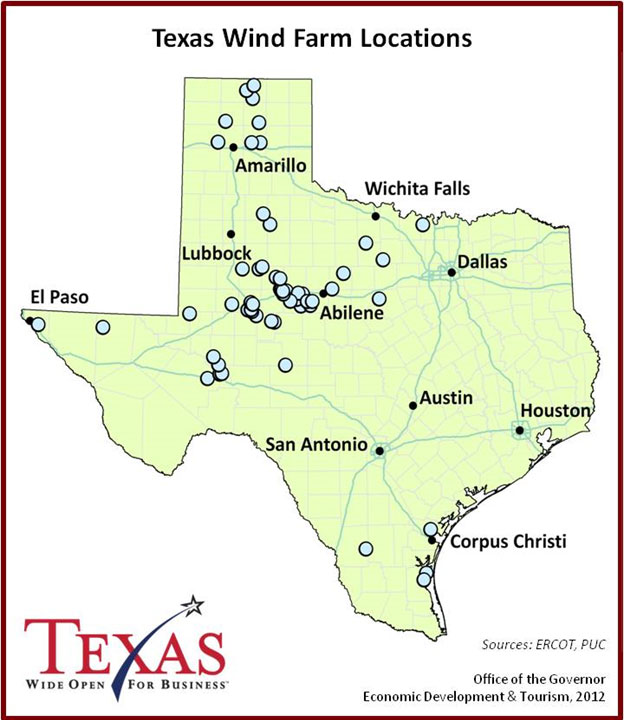 Map of Texas that indicates where wind farms are located