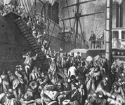 A painting of a large group of German immigrants boarding a ship bound for America.