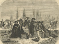 A painting of a group of German immigrants in a harbor waiting for their ship to America to arrive.