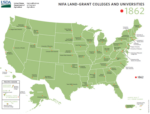 A map of the U.S. indicating the land grant colleges.