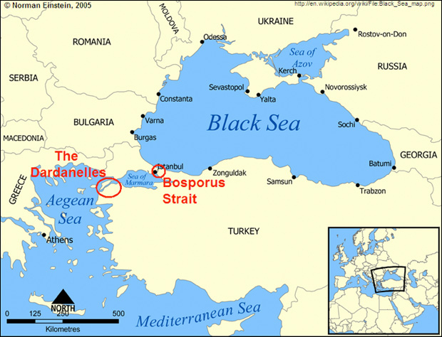 Political Map of the Black Sea. The map features two circled areas: The Dardanelles and Bosporus Strait. 