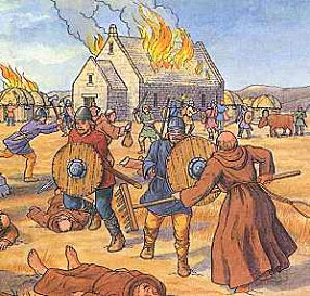 A feudal era village being looted by Viking raiders who are burning the houses and killing the residents.