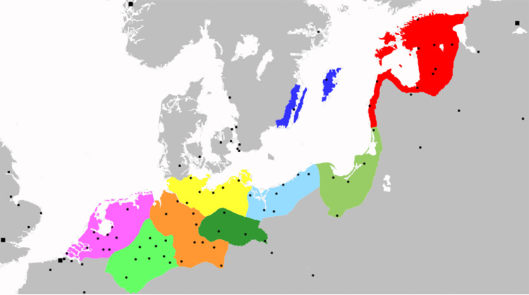 a special purpose map of Northern Europe showing the extent of the Hanseatic League