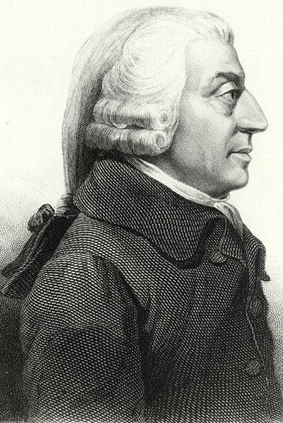 A drawing/portrait of Adam Smith. He is a man in late middle age wearing 19th century clothing and a white pony tail wig considered fashionable for the period.