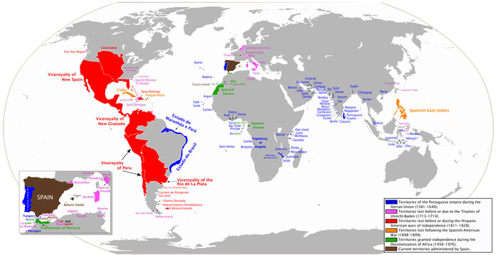 A special purpose map showing the extent of the Spanish Empire throughout the world.