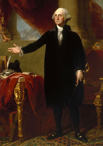 Painting/Portrait of General George Washington, 1st President of the United States. He is shown wearing formal clothing of the period gesturing with his hand towards a writing desk in his office.