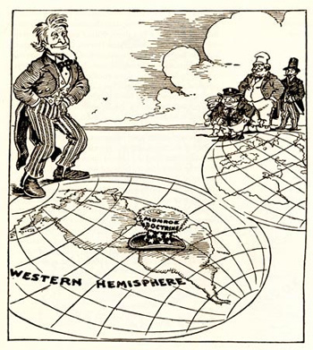A political cartoon satirizing the Monroe Doctrine depicting Uncle Sam standing on the western hemisphere taunting/warning the Europeans standing on the eastern hemisphere to stay away from the Americas.