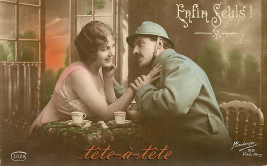 An antique postcard from France showing a man and a woman having a romantic conversation over coffee.