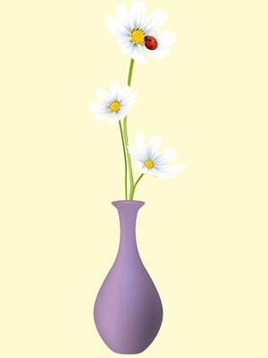 painting of a flower vase filled with 3 daisies and ladybug on the top flower.