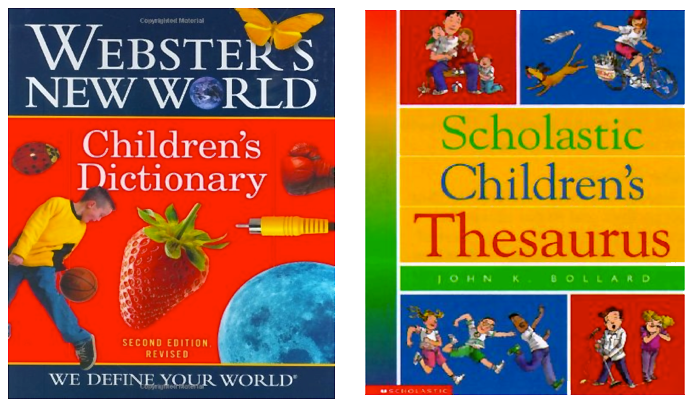 The cover of Scholastic Children’s Thesaurus and the cover of Webster’s New World Children’s Dictionary