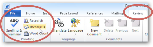 Illustration of Microsoft Word’s user interface with the review tab and the thesaurus button circled