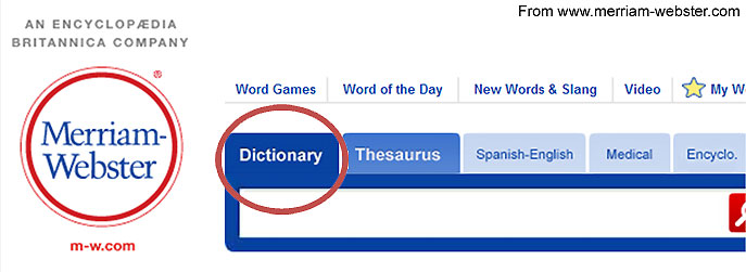 The homepage at Merriam-webster.com, with the “dictionary” tab circled