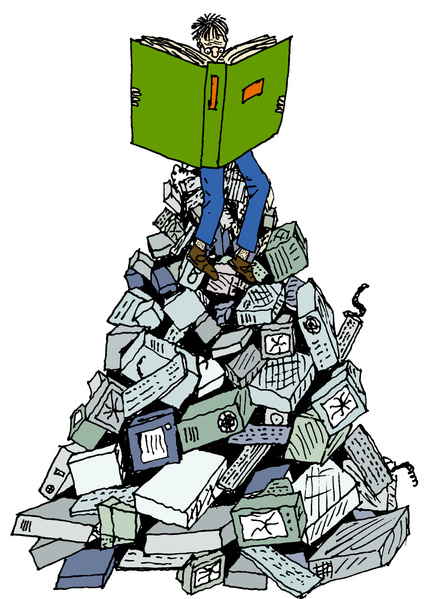 A cartoon of a man using a reference book while sitting on top of a pile of technological devices