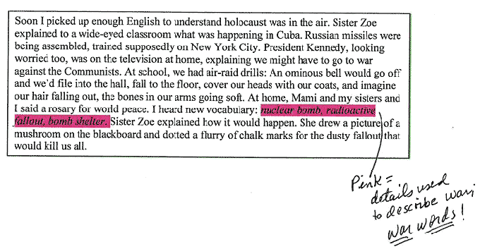 Image of highlighted text. I made a note in the margin with arrows to the pink words. The note says, “words related to war.”