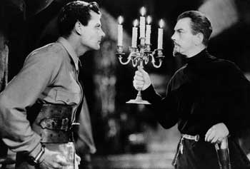 A movie still from the film “The Most Dangerous Game.” Shown are the main characters Rainsford and General Zaroff.