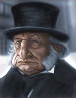 A caricature painting of Ebenezer Scrooge. He is an older man wearing a top hat and a stern expression.
