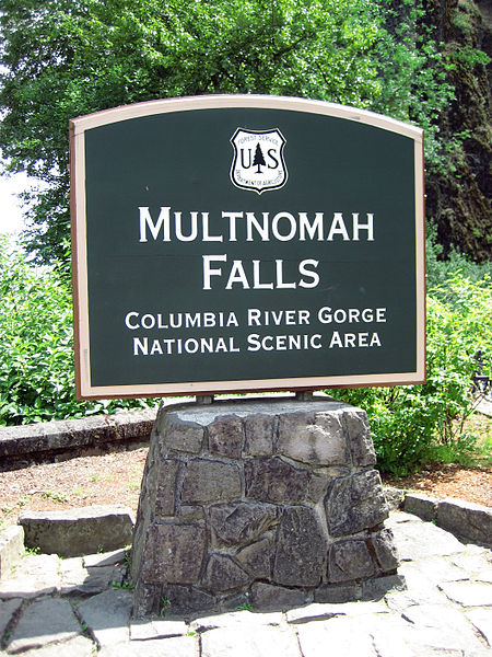 A photograph of the sign at the Multnomah Falls National Park in Oregon