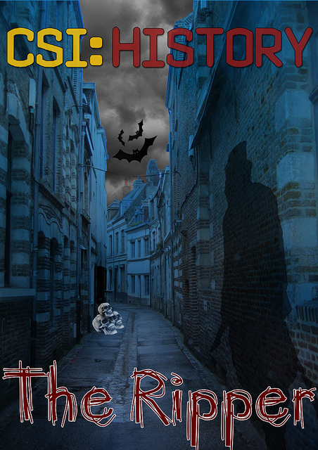 A poster form CSI: History of “The Ripper”. It features Jack the Ripper’s shadow on a 19th century London alley wall. There are also ominous clouds, bats and skulls present.