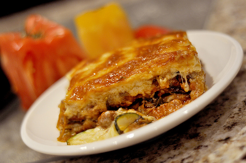 A photograph of a piece of lasagna on a plate