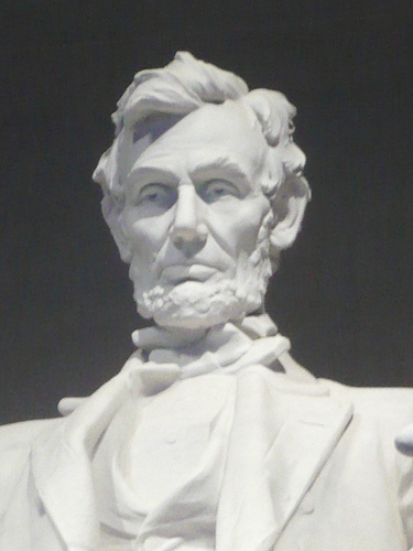 A photograph of the head of Abraham Lincoln taken of his statue at the Lincoln Memorial in Washington D.C.