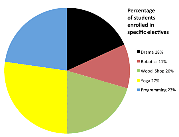 Circle graph showing the percentage of students enrolled in several electives courses
