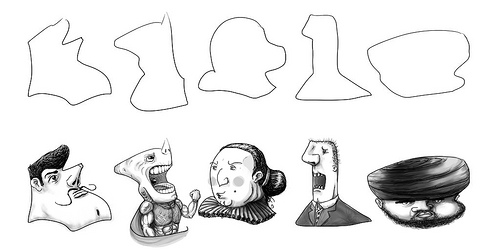 A collection of hand drawn cartoon characters. One is a pompous looking man with a curled moustache. Next to him is a half human, half shark superhero. Next to him is a matronly looking woman. Next to her is a man in a suit yelling. The last character is a heavy man in a turban with a full beard.