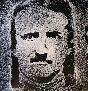 An image/portrait of author Edgar Allen Poe made up of dots 