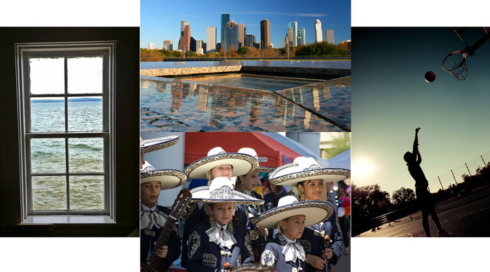 a collage of four photographs.  1st photograph: A photograph taken of a window that looks out onto the sea; 2nd photo: A photograph of the Houston, Texas downtown skyline; 3rd photo: A photograph of a youth Mariachi band in full mariachi uniform; 4th photo: A photograph of a young man shooting a basketball on an outdoor court