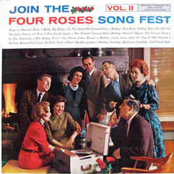 An old-looking album shows a group of adults, mostly in their forties and fifties, singing around an old record player. They are wearing suits and ties, nice dresses and pearls.