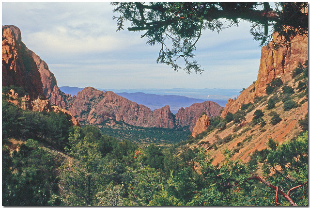 A photograph of the Big Bend National Park looking out over the valleys between the mountains